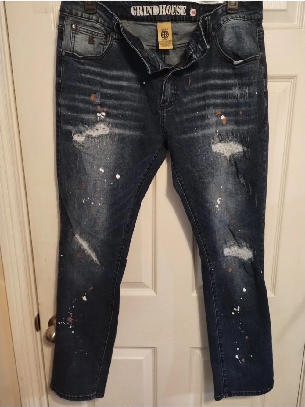 Mens Grindhouse Size 38×32 Distressed Dark Blue Paint-Splatter Jeans